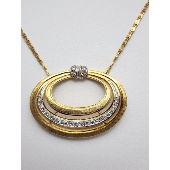 Vintage 18K Two Tone Multi Color Gold Diamond Oval Pendant Link Chain Necklace - Picture 11 of 16